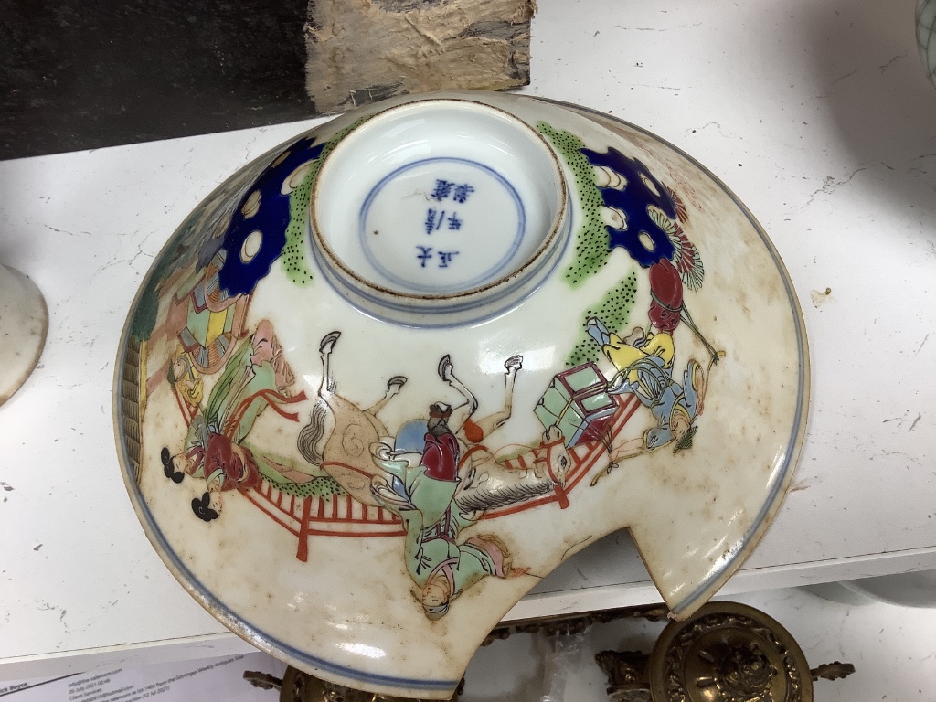 A pair of Chinese lion-dogs dogs, porcelain bowl and a vase, tallest 24cm